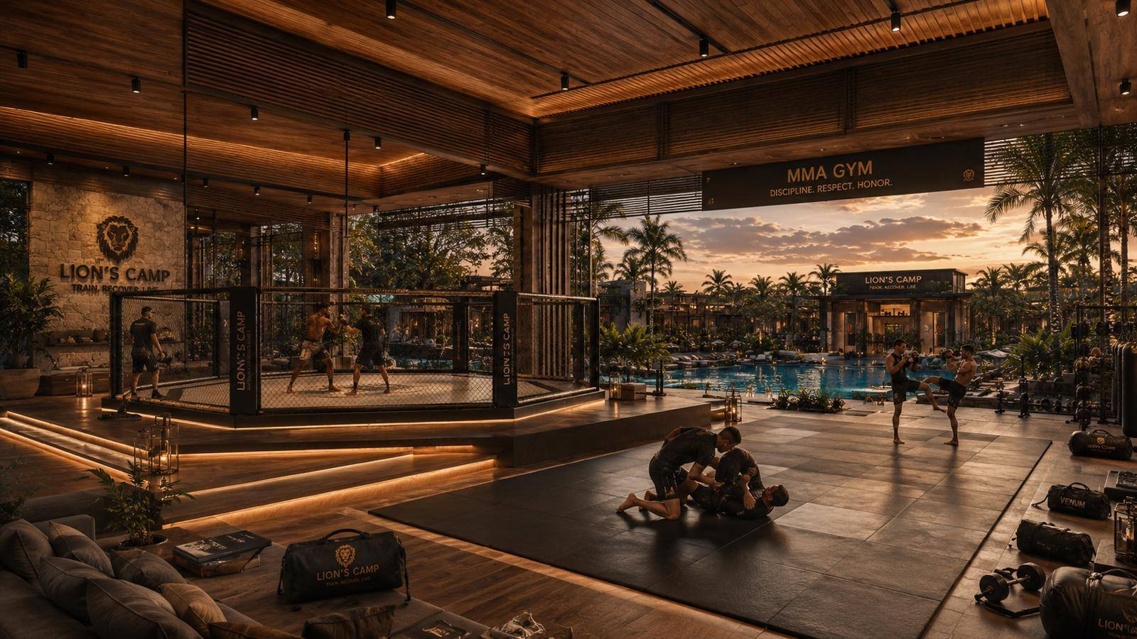 MMA cage at sunset