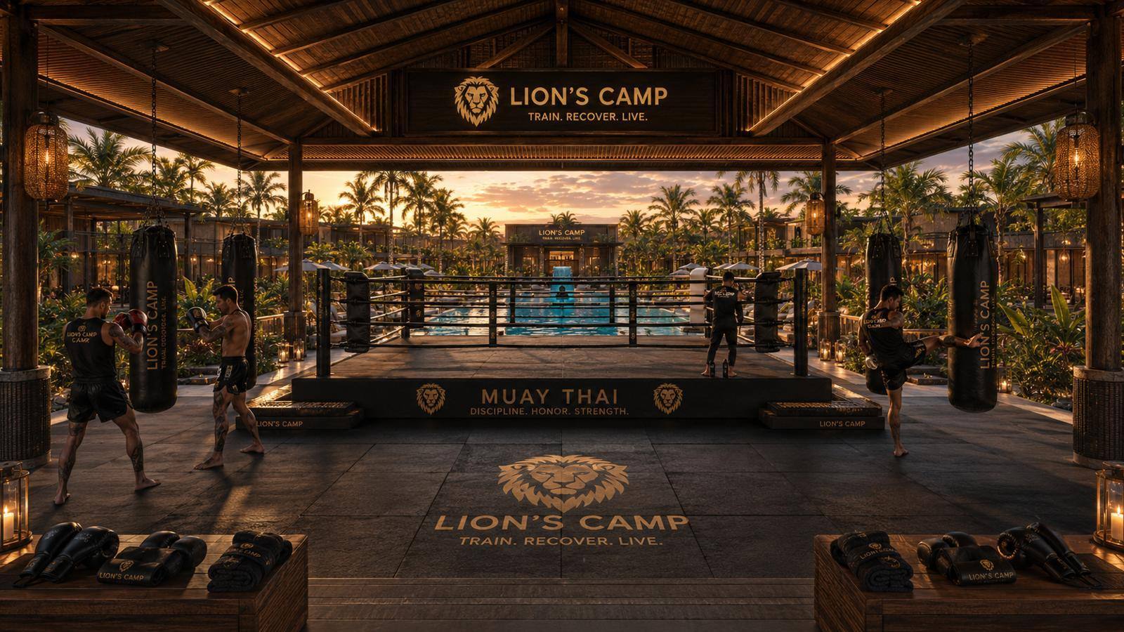 Outdoor Muay Thai ring at sunset at LION'S CAMP