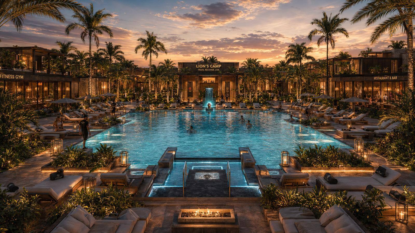 Resort pool at sunset at LION'S CAMP