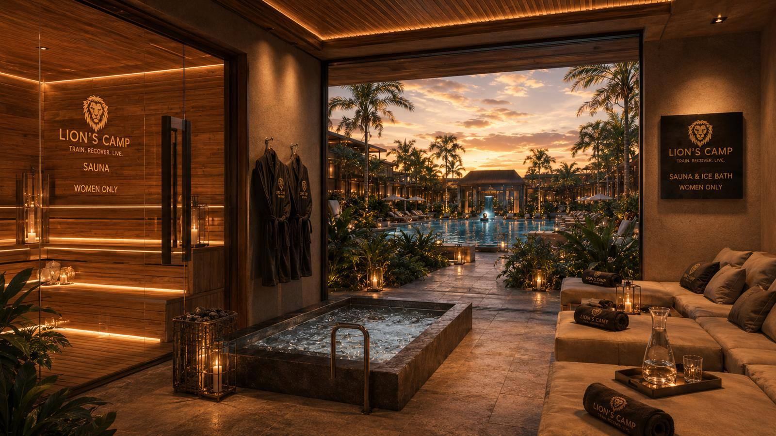 Cold plunge and recovery spa lounge at LION'S CAMP